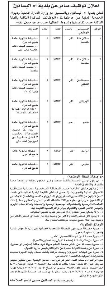 وظائف شاغرة في عدد من البلديات