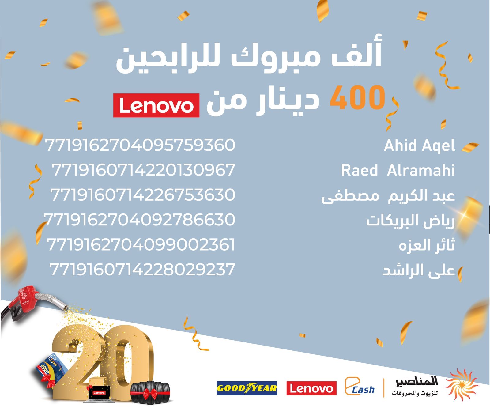 20 رابح و 8000 دينار شهرياً ضمن حملة 20 عام من العطاء ضمن احتفالات المناصير للزيوت والمحروقات