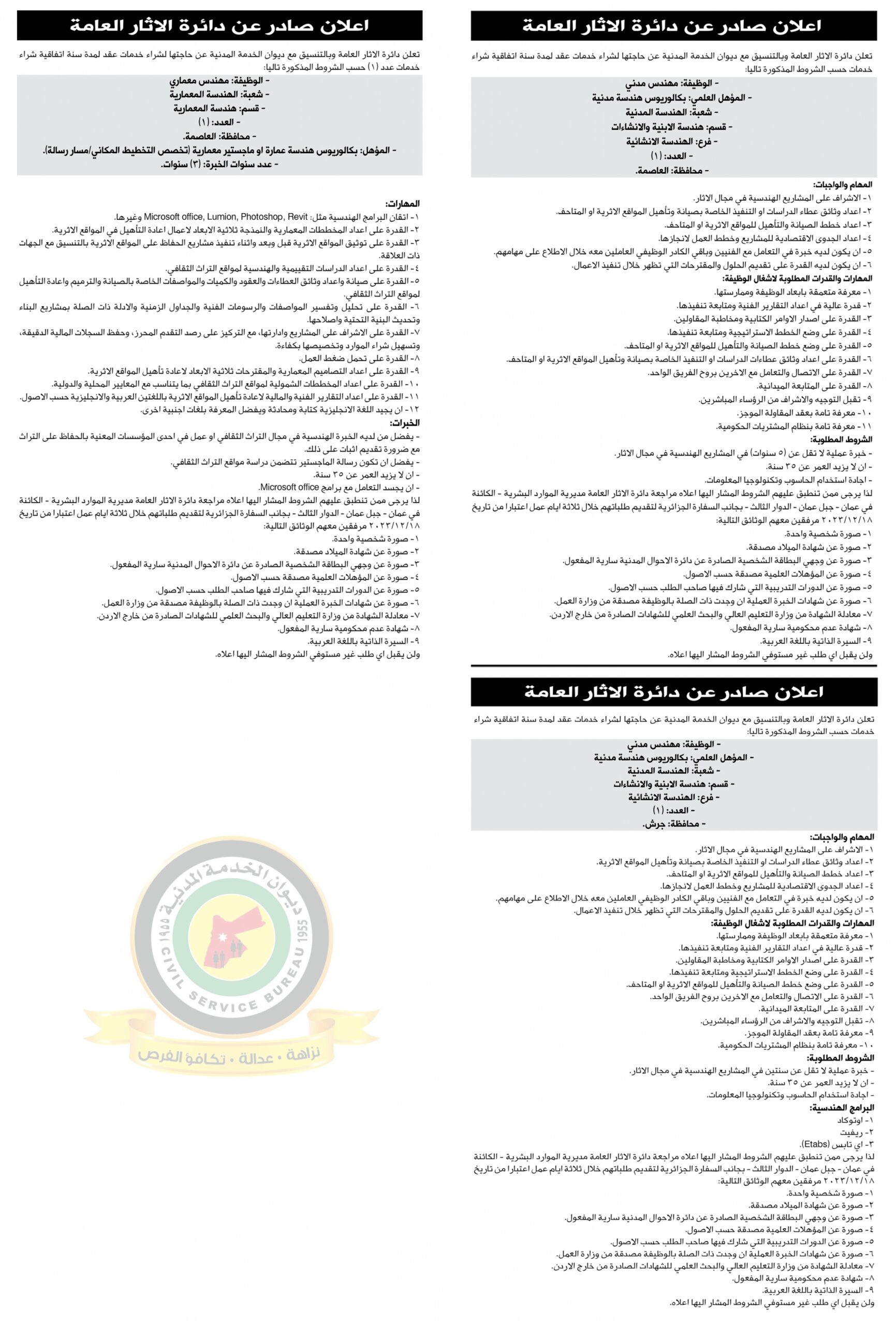 اعلان وظائف شاغرة شراء خدمات بموجب عقد لمدة سنة / اتفاقية شراء خدمات صادرعن دائرة الآثار العامة