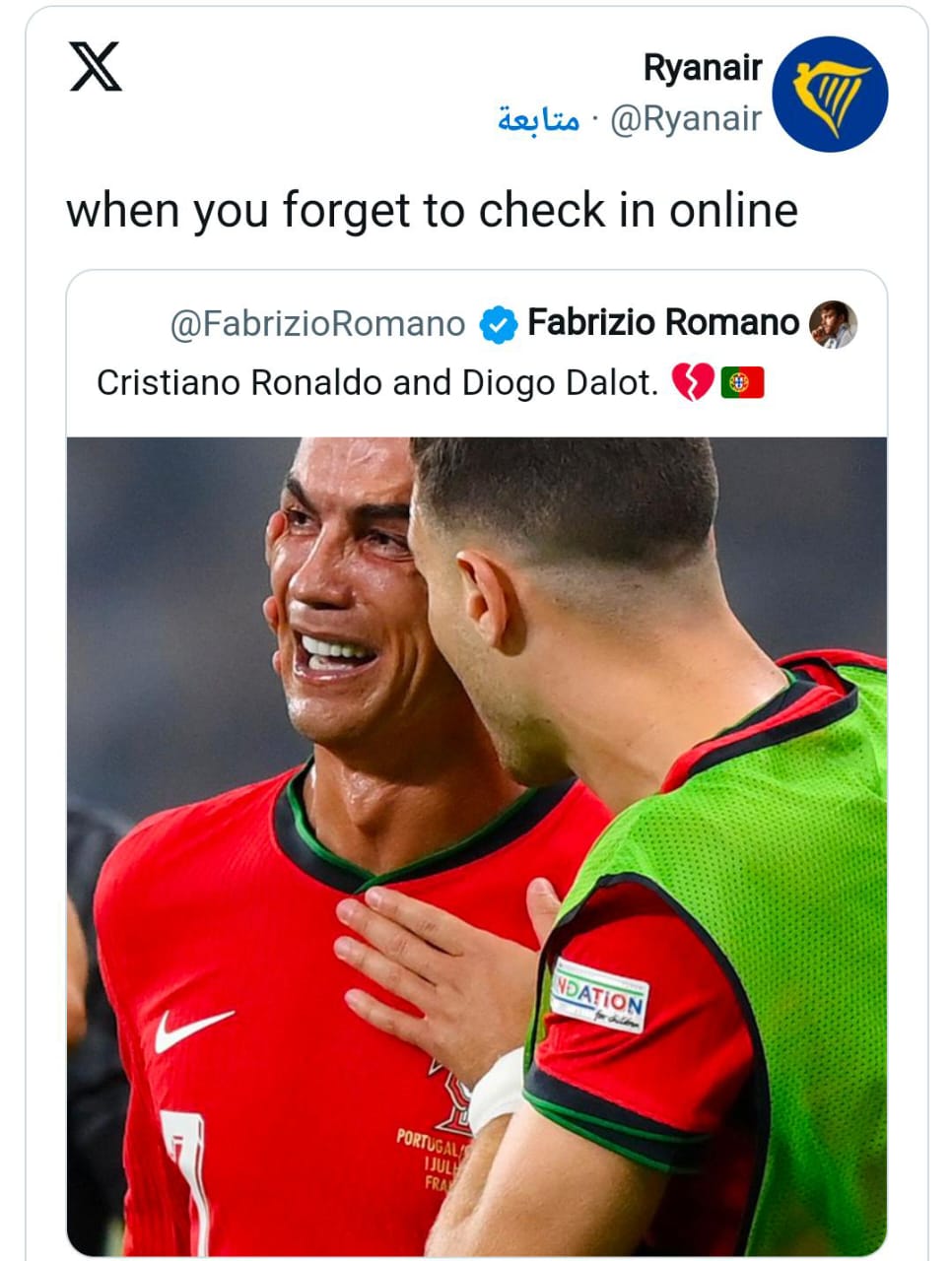 صورة حول : شركة طيران تعلق على بكاء كريستيانو رونالدو بشكلٍ ساخر شركة طيران تعلق على بكاء كريستيانو رونالدو بشكلٍ ساخر