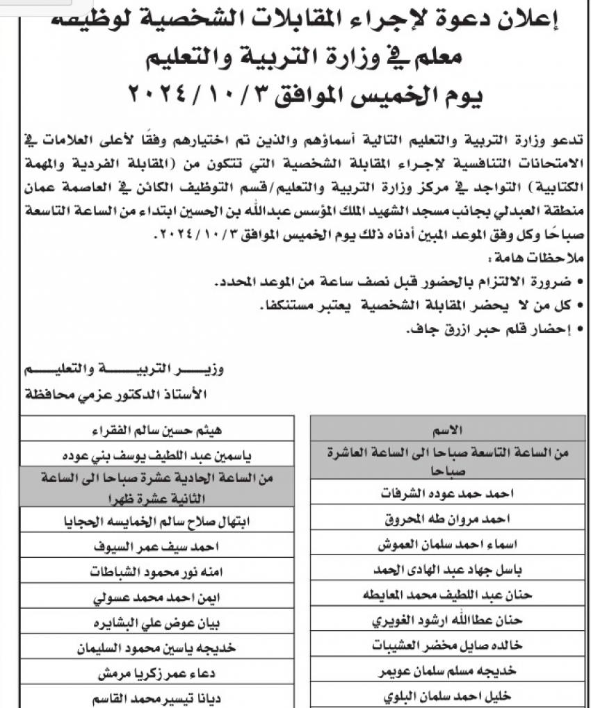 شواغر ومدعوون للمقابلة الشخصية للتعيين