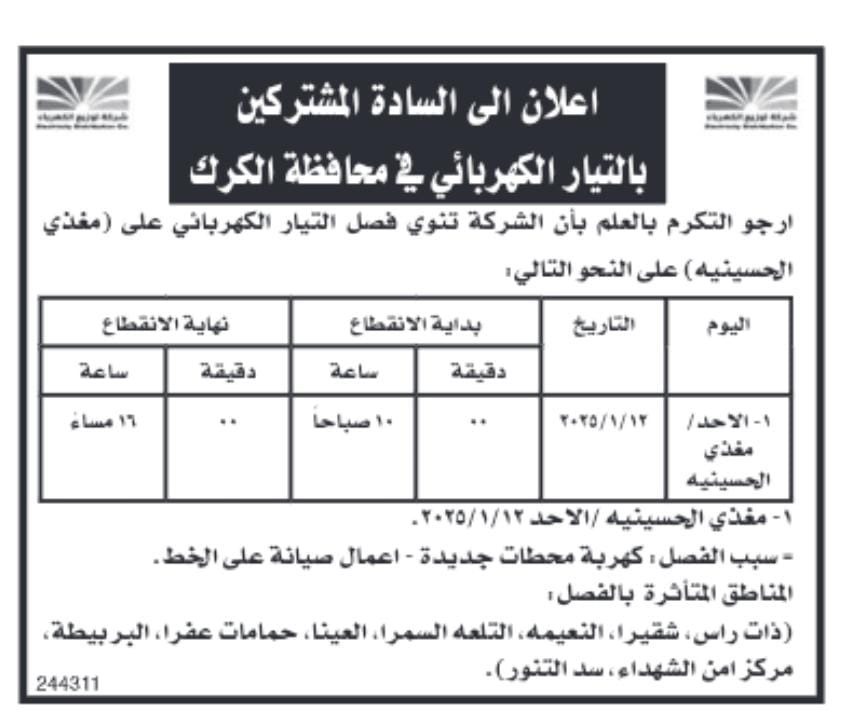 فصل الكهرباء عن مناطق واسعة في الاردن ( اسماء)