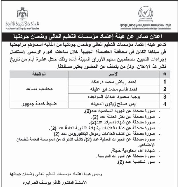 أسماء المدعوين لاستكمال إجراءات التعيين وحضور الامتحان التنافسي
