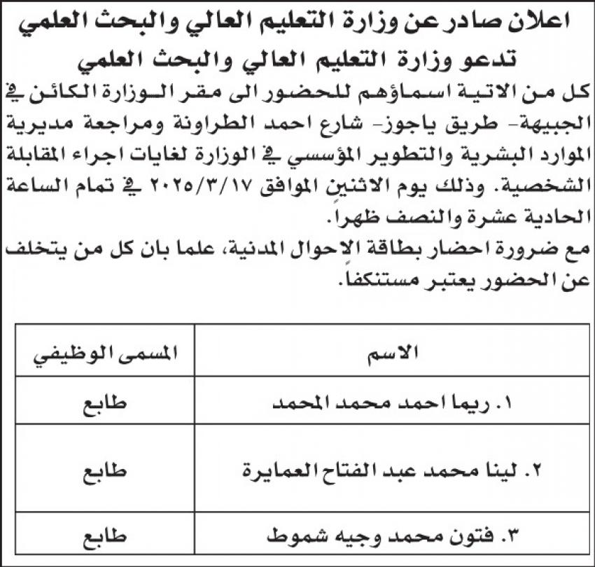 عاجل || شواغر ومدعوون للمقابلات في مؤسسات حكومية (أسماء)