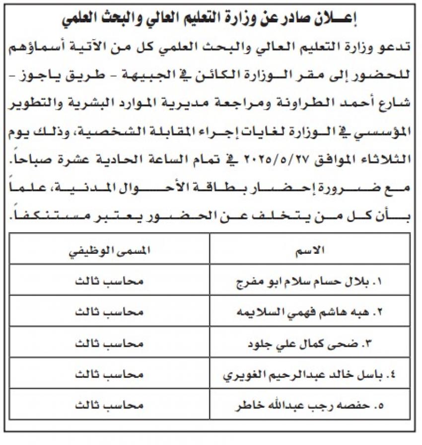 وظائف شاغرة ومدعوون لإجراء مقابلات شخصية (أسماء)