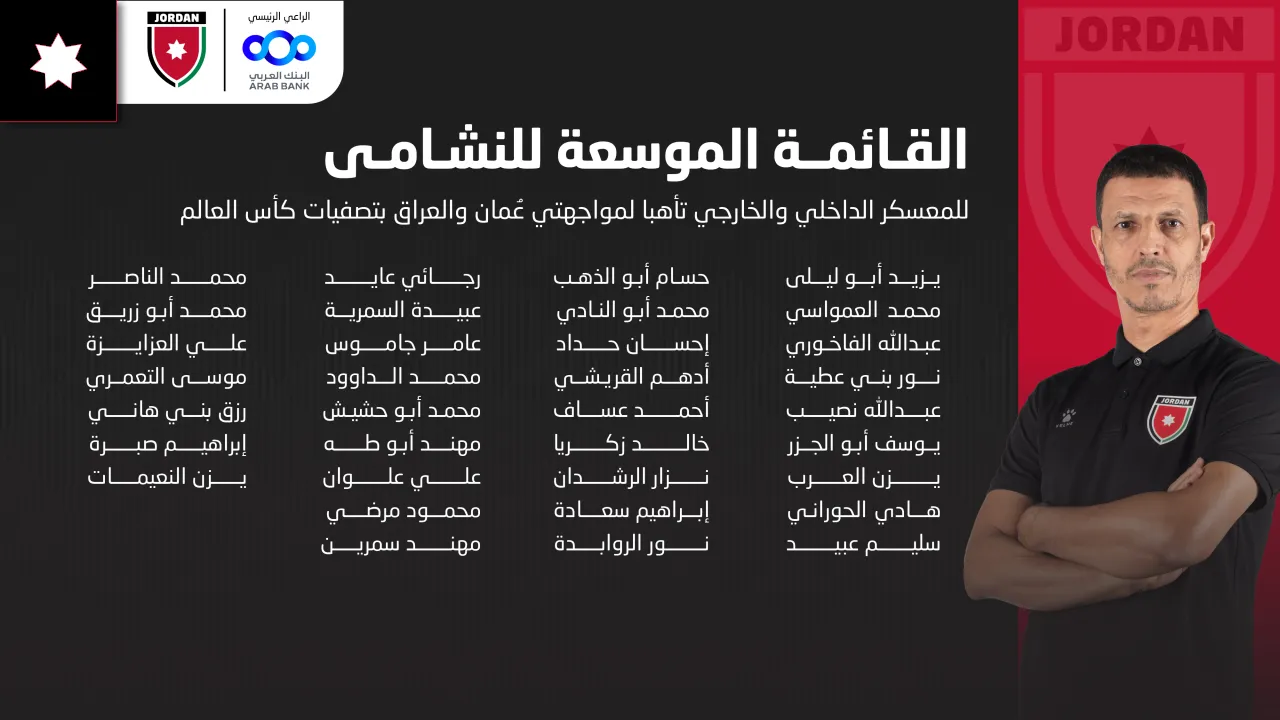 إعلان قائمة النشامى الموسعة لمواجهتي عُمان والعراق بتصفيات كأس العالم