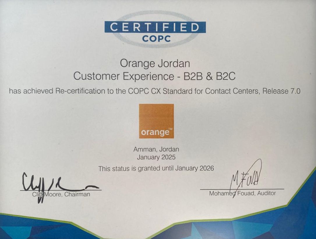 صورة حول : Orange Jordan Continues Its Global Leadership in Customer Service with COPC Certification Renewal for the Sixth Consecutive Year Orange Jordan Continues Its Global Leadership in Customer Service with COPC Certification Renewal for the Sixth Consecutive Year
