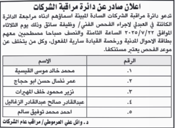 بالاسماء .. وظائف شاغرة في مؤسسات حكومية ودعوة لاختبار فني لسائقي الشركات