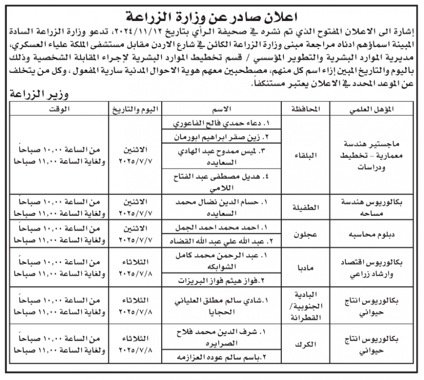 بالاسماء.. إعلانات توظيف ومقابلات شخصية في عدد من المؤسسات اليوم