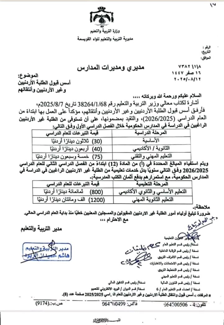 صورة حول : وزارة التربية ترفع رسوم الطلبة الوافدين في المدارس الحكومية وزارة التربية ترفع رسوم الطلبة الوافدين في المدارس الحكومية