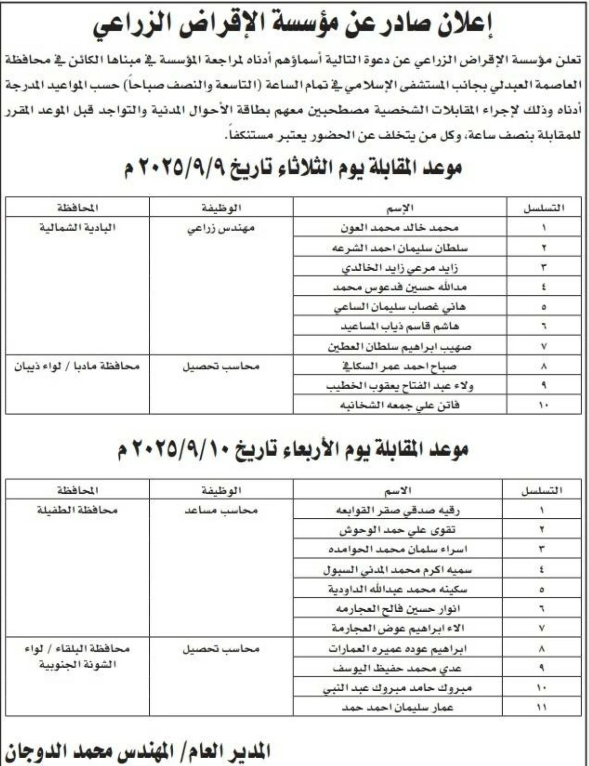 مدعوون لاستكمال إجراءات التعيين لدى الإقراض الزراعي