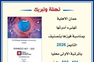 عمان الاهلية تهنىء أسرتها بمناسبة فوزها بتصنيف التايمز 2026 بالمرتبة الاولى محليا و401 - 500 عالميا