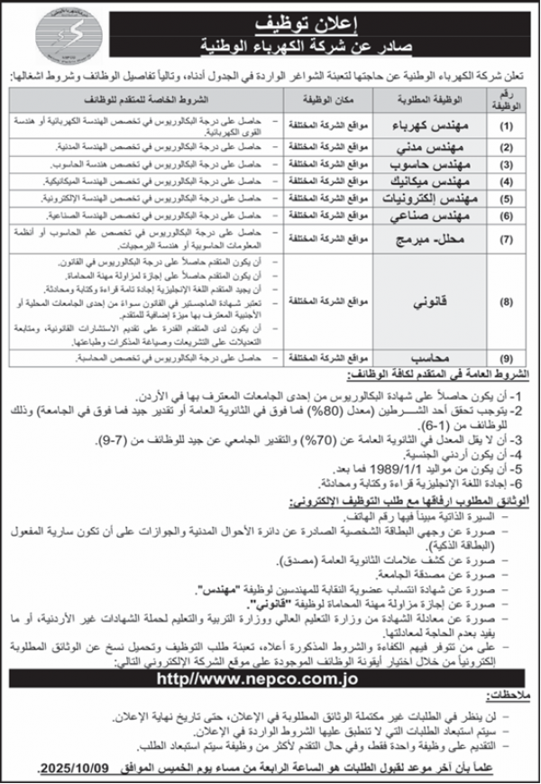 عاجل | شركة الكهرباء الوطنية تعلن عن وطائف شاغرة