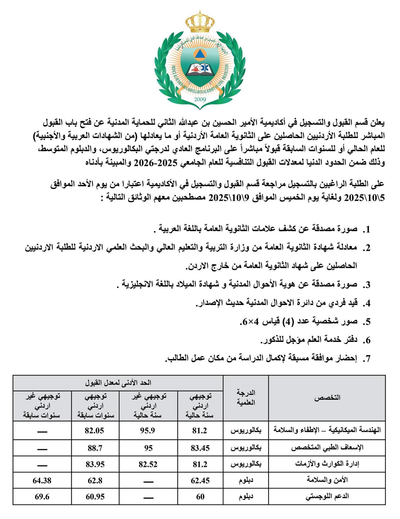 أكاديمية الأمير الحسين للحماية المدنية تفتح باب القبول"صورة"