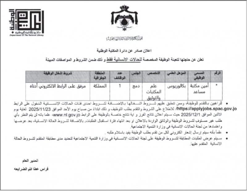 وظائف حكومية شاغرة للحالات الإنسانية فقط