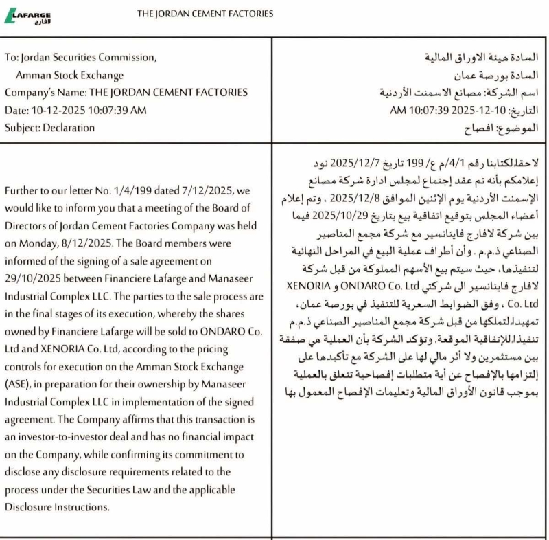 مصانع الإسمنت الأردنية تُعلن تفاصيل صفقة بيع أسهم .. تفاصيل