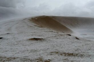 صقيع نادر يغطي صحراء الدوحة ويحوّل الرمال إلى منظر شتوي استثنائي