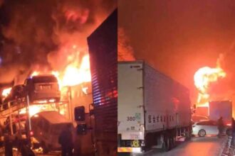 حريق ضخم وتصادم جماعي على طريق سريع في اليابان