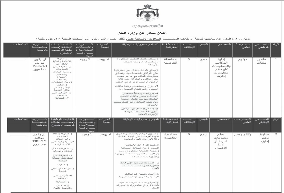 وزارة العدل تعلن توفر وظائف شاغرة