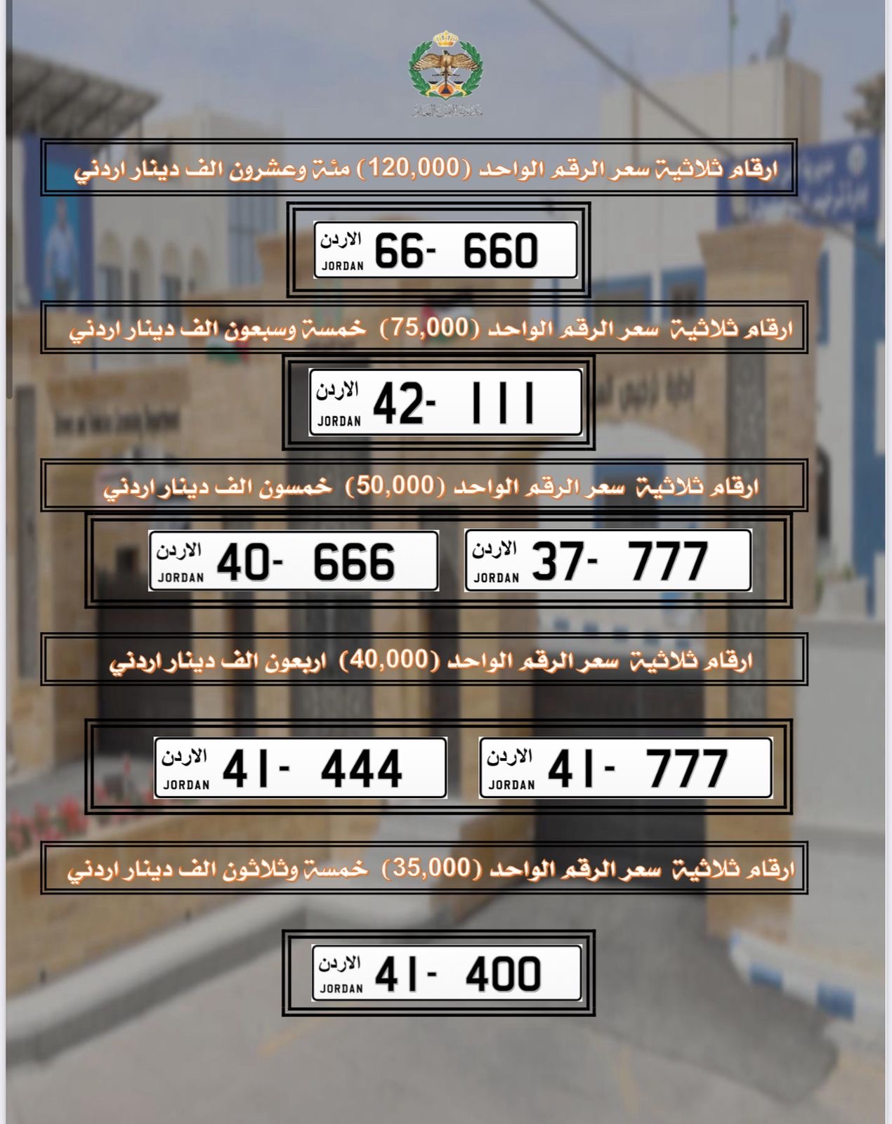 إدارة ترخيص السواقين تطرح أرقام سيارات مميّزة للبيع بأسعار تبدأ من 25 ألف دينار