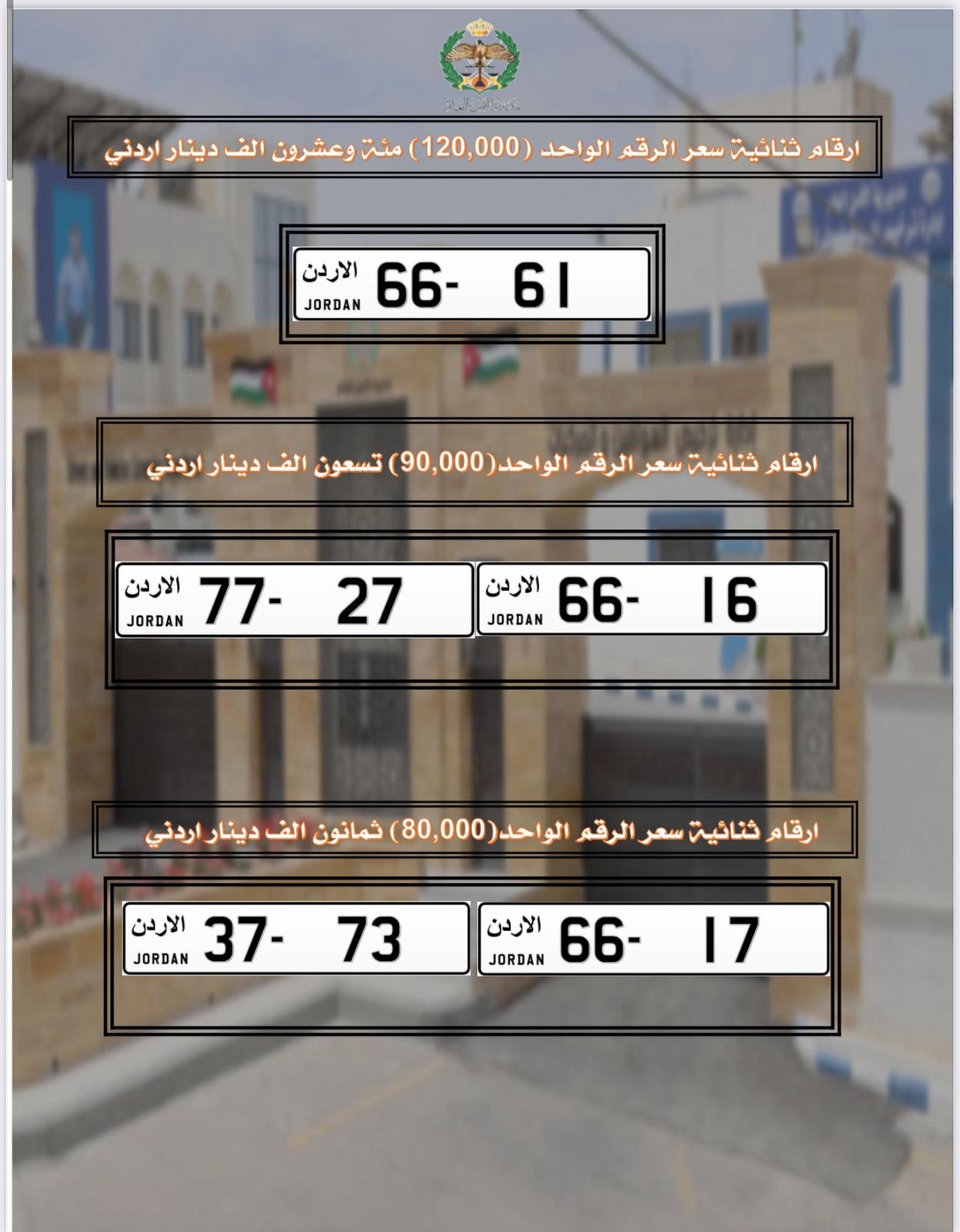 إدارة ترخيص السواقين تطرح أرقام سيارات مميّزة للبيع بأسعار تبدأ من 25 ألف دينار