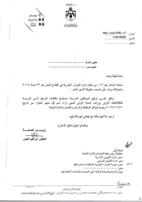 عاجل | بالأسماء.. وزير الصحة يقرر ترفيع موظفين إلى الدرجة الثالثة الفئة الأولى