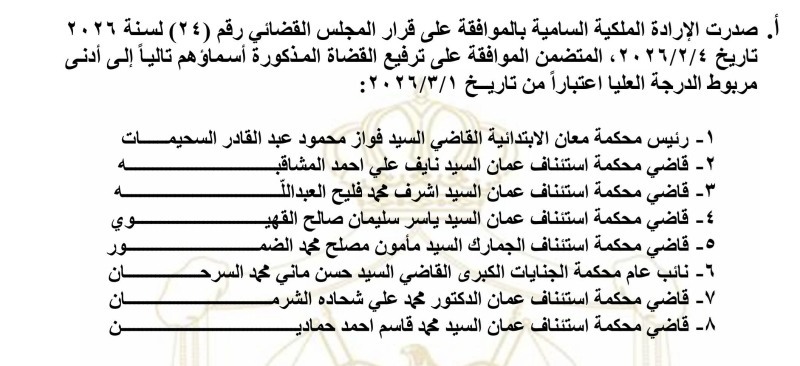 إرادة ملكية سامية بترفيع 8 قضاة إلى الدرجة العليا