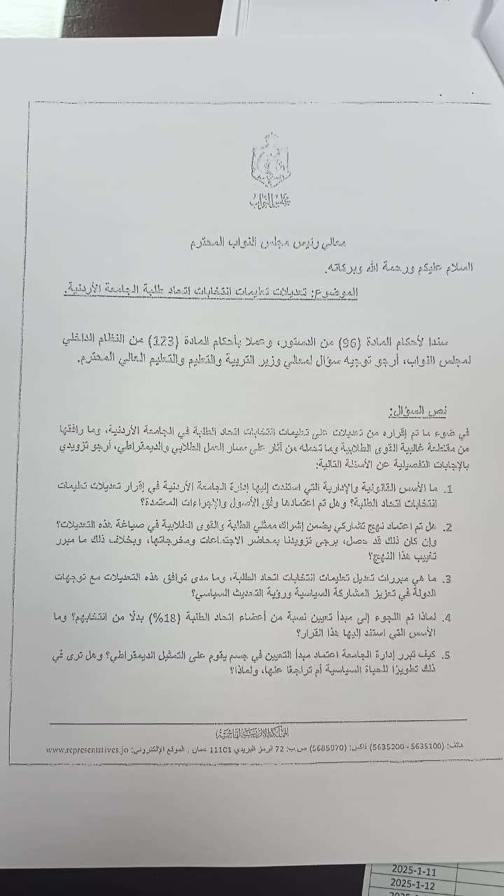 20 سؤالًا نيابيًا حول جدل تعديلات اتحاد طلبة الجامعة الأردنية