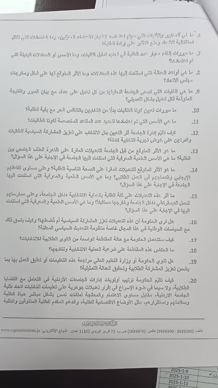 20 سؤالًا نيابيًا حول جدل تعديلات اتحاد طلبة الجامعة الأردنية