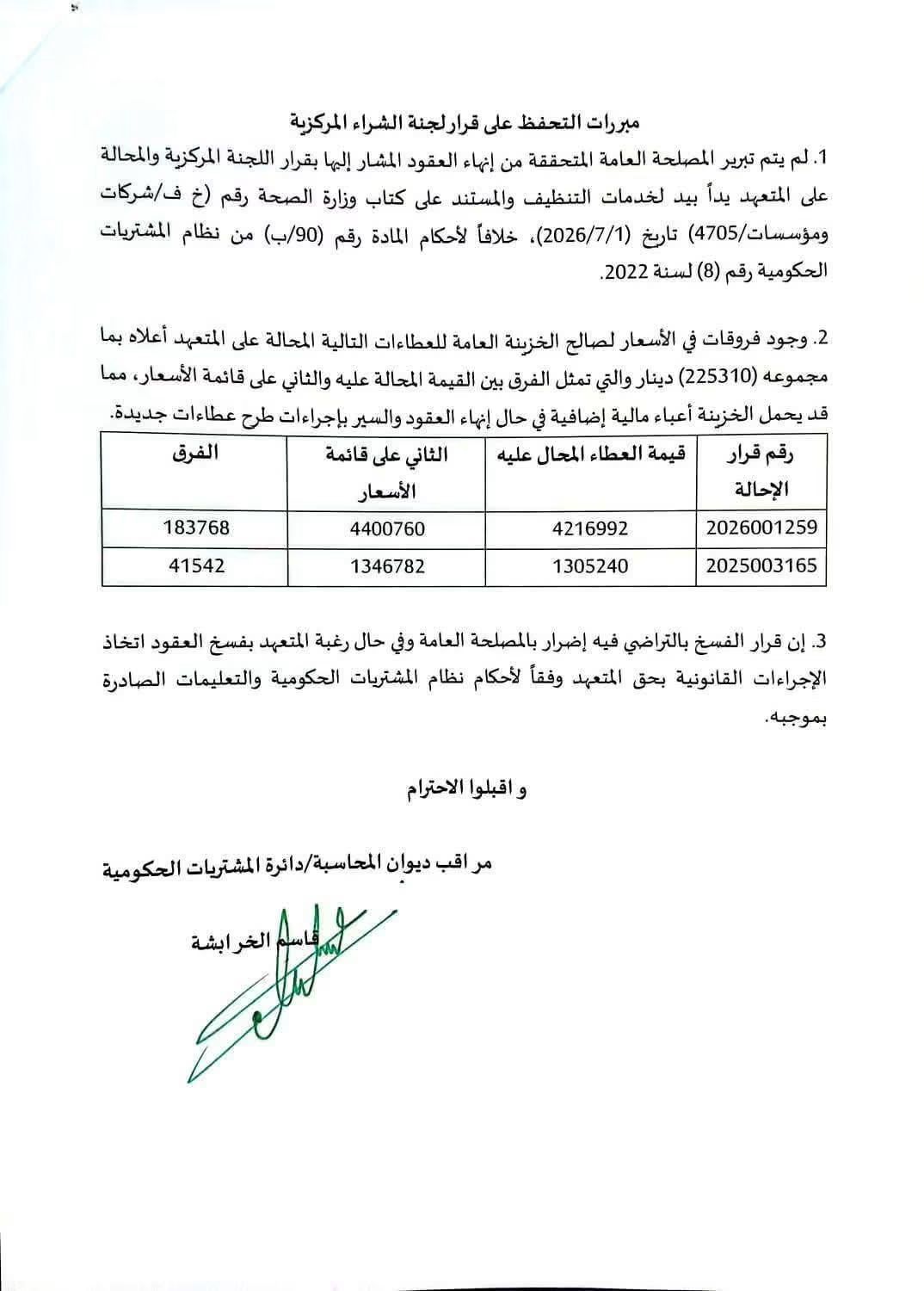 بالوثائق.. الدكتور حسان يوعز بأنها عطاء لنجل البكار مع وزارة الصحة