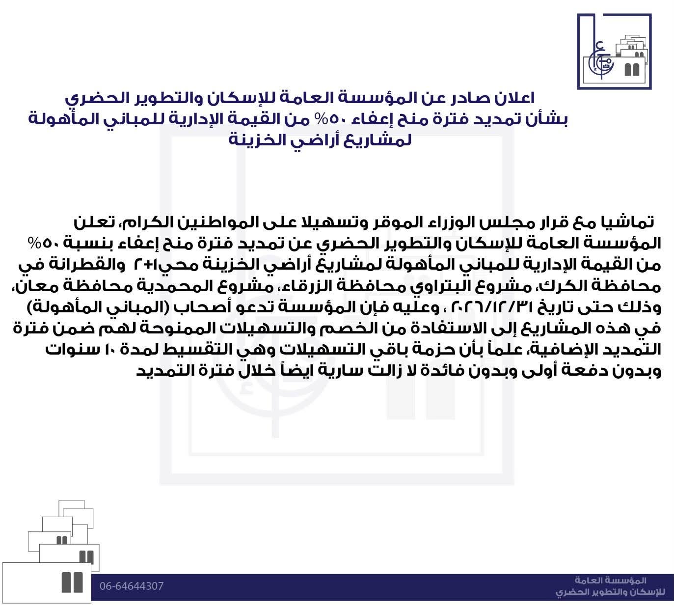 صورة حول : تمديد إعفاء 50% من القيمة الإدارية للمباني المأهولة في مشاريع أراضي الخزينة حتى نهاية 2026 تمديد إعفاء 50% من القيمة الإدارية للمباني المأهولة في مشاريع أراضي الخزينة حتى نهاية 2026
