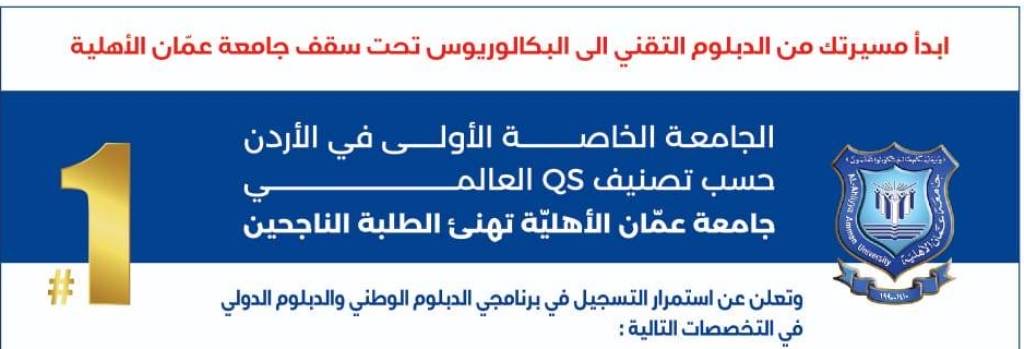 صورة حول : عمان الأهليّة تهنئ الناجحين بالثانوية العامة وتُعلن عن استمرار القبول والتسجيل بكلية التعليم التقني للفصل الأول 2026-2027 عمان الأهليّة تهنئ الناجحين بالثانوية العامة وتُعلن عن استمرار القبول والتسجيل بكلية التعليم التقني للفصل الأول 2026-2027